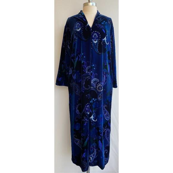 Oscar De La Renta VELVET Paisley Zip Vneck Pocket Maxi Nightgown Sleep Blue sz L - Picture 2 of 10